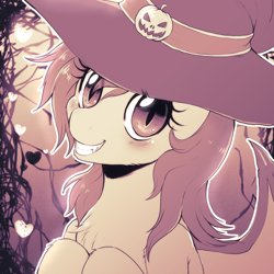 Size: 1500x1500 | Tagged: safe, artist:evomanaphy, oc, oc only, oc:night skies, bat pony, pony, bust, halloween, hat, holiday, not flutterbat, smiling, solo, witch hat