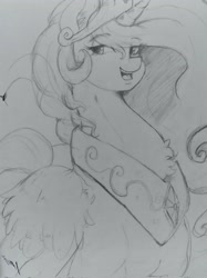 Size: 1534x2048 | Tagged: safe, artist:thelunarmoon, princess celestia, alicorn, pony, g4, chest fluff, looking at you, monochrome, open mouth, sketch, smiling, solo, traditional art