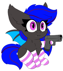 Size: 2369x2694 | Tagged: safe, artist:pegamutt, oc, oc only, oc:ebony rose, bat pony, pony, chest fluff, chibi, clothes, commission, commissioner:wolfgangrd, ear tufts, eyelashes, fangs, gun, handgun, high res, pistol, simple background, socks, solo, striped socks, transparent background, weapon, ych result