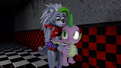 Size: 1920x1080 | Tagged: safe, artist:php170, spike, dragon, wolf, g4, 3d, animatronic, crossover, cute, duo, female, five nights at freddy's, five nights at freddy's: security breach, friendship, furry, holding, holding a dragon, looking at each other, looking at someone, male, roxanne wolf, smiling, source filmmaker, spikabetes, winged spike, wings