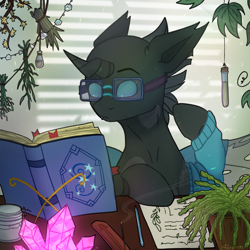 Size: 2480x2480 | Tagged: safe, artist:sinrinf, oc, oc:tarsi, changeling, pony, book, bust, commission, glasses, high res, plant, solo, studying, ych result