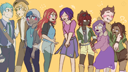 Size: 1920x1080 | Tagged: safe, artist:metaruscarlet, braeburn, hitch trailblazer, pipp petals, sunset shimmer, oc, oc:elizabat stormfeather, oc:figjam outback, oc:jade harmony, human, equestria girls, g4, g5, alternate hairstyle, belt, birthday, blushing, boots, camp camp, canon x oc, clothes, cowboy hat, cowboy vest, crossover, dark skin, david (camp camp), dog tags, eyes closed, female, fingerless gloves, gay, gloves, grin, gwen (camp camp), gwenvid, hat, humanized, jacket, jeans, jewelry, leather jacket, lesbian, machete, male, necklace, oc x oc, open mouth, pants, rooster teeth, ship:braeblazer, shipping, shirt, shoes, shorts, simple background, size difference, skirt, smiling, straight, sunglasses, sweat, sweatdrop, t-shirt, vest, yellow background