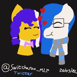 Size: 1024x1024 | Tagged: safe, artist:switcharoo_mlp, oc, oc only, oc:ports, oc:switchy, black background, bowtie, clothes, female, glasses, heart, male, rec room, scarf, simple background, striped scarf