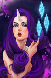 Size: 576x890 | Tagged: safe, artist:schultzee, rarity, human, g4, abstract background, artistic nudity, bust, cutie mark, female, horn, horned humanization, humanized, lipstick, makeup, nudity, pinup, solo, vogue