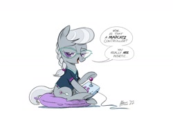 Size: 1600x1200 | Tagged: safe, artist:mellodillo, silver spoon, earth pony, pony, g4, controller, dialogue, female, filly, foal, joystick, lidded eyes, looking at you, pillow, simple background, sitting, smug, solo, speech bubble, talking to viewer, white background