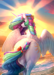 Size: 1920x2656 | Tagged: safe, artist:longinius, artist:vest, color edit, edit, princess celestia, alicorn, pony, g4, beach, both cutie marks, bow, braid, braided tail, butt, colored, crepuscular rays, female, flower, flower in hair, looking at you, looking back, looking back at you, mare, plot, praise the sun, shore, sky, solo, sun, sunbutt, tail, the ass was fat, water, wave