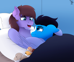 Size: 3001x2549 | Tagged: safe, artist:thunder arch, oc, oc only, oc:enduro elite, oc:luck, pegasus, pony, bed, bed sheets, bedroom, blaze (coat marking), coat markings, couple, cute, facial markings, folded wings, gay, high res, hug, looking at each other, looking at someone, lying down, male, on back, open mouth, pegasus oc, pillow, plushie, relaxing, smiling, snuggling, stallion, under the covers, wholesome, wings