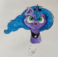 Size: 559x546 | Tagged: safe, artist:engi, princess luna, alicorn, pony, g4, crown, ethereal mane, female, jewelry, open mouth, photo, regalia, simple background, solo, starry mane, traditional art, watercolor painting