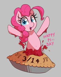 Size: 399x502 | Tagged: safe, artist:thebatfang, pinkie pie, earth pony, pony, aggie.io, female, food, looking at you, mare, open mouth, open smile, pi, pi day, pie, pinkie pi, ponybooru import, pun, raised hoof, raised leg, simple background, smiling, solo, talking to viewer, teeth, text
