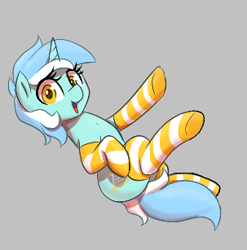 Size: 303x307 | Tagged: safe, artist:thebatfang, lyra heartstrings, pony, unicorn, aggie.io, clothes, female, lowres, lying down, mare, on back, open mouth, ponybooru import, simple background, smiling, socks, striped socks