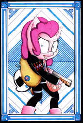 Size: 2017x2974 | Tagged: safe, artist:mustachedbain, pinkie pie, earth pony, pony, semi-anthro, g4, arm hooves, bag, bipedal, clothes, crossover, first aid kit, flare, gun, high res, manic grin, mask, patterned background, payday, payday 2, shotgun, solo, story included, suit, traditional art, two toned background, weapon