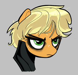 Size: 576x556 | Tagged: safe, artist:_ton618_, applejack, earth pony, pony, g4, aggie.io, alternate hairstyle, batman, bust, dc comics, eyeshadow, female, freckles, frown, gray background, makeup, male, mare, simple background, solo, the batman, the batman (2022)