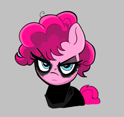 Size: 739x697 | Tagged: safe, artist:_ton618_, pinkie pie, earth pony, pony, g4, aggie.io, batman, clothes, dc comics, eyeshadow, female, frown, gray background, lidded eyes, makeup, male, mare, simple background, solo, suit, the batman, the batman (2022)