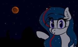 Size: 578x352 | Tagged: safe, artist:seafooddinner, oc, oc only, oc:nasapone, earth pony, pony, :o, ear fluff, female, full moon, looking at you, mare, moon, night, open mouth, pointing, sky, solo, stars