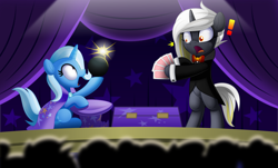 Size: 5000x3016 | Tagged: safe, artist:jhayarr23, trixie, oc, pony, unicorn, g4, audience, bomb, bowtie, brooch, cape, card, clothes, jewelry, magic, magic show, stage, suut, this will not end well, trixie's brooch, trixie's cape, tuxedo, weapon