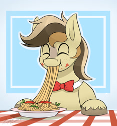 Size: 2800x3000 | Tagged: safe, artist:kaylerustone, oc, oc only, oc:place holder, earth pony, pony, bowtie, eating, eyes closed, food, high res, male, pasta, plate, simple background, smiling, spaghetti, stallion, table