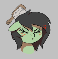 Size: 186x191 | Tagged: safe, artist:thebatfang, oc, oc only, oc:filly anon, pony, aggie.io, angry, blushing, brush, brushing, bust, cross-popping veins, cute, eyes closed, female, filly, floppy ears, foal, gray background, hairbrush, lowres, madorable, simple background, solo, unamused