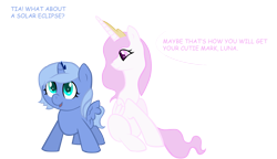 Size: 3000x1728 | Tagged: safe, artist:watertribekayla, princess celestia, princess luna, alicorn, pony, g4, crown, dialogue, female, filly, foal, horn, jewelry, mare, pink-mane celestia, regalia, royal sisters, s1 luna, siblings, simple background, sisters, sitting, smiling, speech bubble, spread wings, text, transparent background, wings, woona, young luna, younger