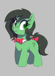 Size: 247x342 | Tagged: safe, artist:thebatfang, oc, oc:filly anon, earth pony, pony, aggie.io, blushing, bow, bowtie, cute, female, filly, foal, freckles, gray background, simple background, solo, tail, tail bow