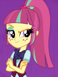 Size: 543x720 | Tagged: safe, edit, edited screencap, screencap, sour sweet, human, equestria girls, g4, my little pony equestria girls: friendship games, bowtie, clothes, cropped, crossed arms, crystal prep academy uniform, eyeshadow, freckles, friendship games outfit, makeup, raised eyebrow, school uniform, simple background, solo