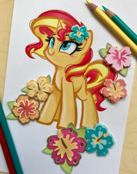 Size: 2553x3247 | Tagged: safe, artist:emberslament, artist:maren, sunset shimmer, pony, unicorn, g4, collaboration, colored pencil drawing, cute, female, flower, flower in hair, heart eyes, hibiscus, high res, looking up, mare, photo, shimmerbetes, traditional art, wingding eyes