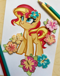 Size: 2553x3247 | Tagged: safe, artist:emberslament, artist:maren, sunset shimmer, pony, unicorn, collaboration, colored pencil drawing, cute, female, flower, flower in hair, heart eyes, hibiscus, looking up, mare, photo, shimmerbetes, traditional art, wingding eyes