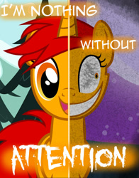 Size: 791x1010 | Tagged: safe, artist:yuitripfag, oc, oc only, oc:blaze, pony, unicorn, female, horn, insanity, mare, smiling, text, two sides