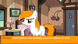 Size: 1024x578 | Tagged: safe, artist:yuitripfag, oc, oc only, oc:sunny day, earth pony, pony, bed, bedroom, blanket, cherry, dating sim, dialogue, door, female, food, frown, lamp, mare, picture frame, pillow, text, tree, unamused, window