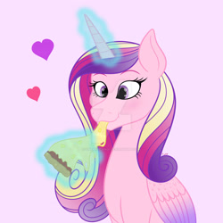 Size: 1920x1920 | Tagged: safe, artist:cherrycandi, princess cadance, alicorn, colored wings, cute, eating, female, floating heart, food, glowing, glowing horn, gradient wings, heart, horn, levitation, magic, pineapple pizza, pizza, simple background, solo, telekinesis, wings