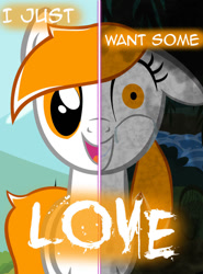 Size: 770x1038 | Tagged: safe, artist:yuitripfag, oc, oc only, oc:sunny day, earth pony, pony, two sided posters, female, floppy ears, insanity, mare, shrunken pupils, smiling, text, two sides
