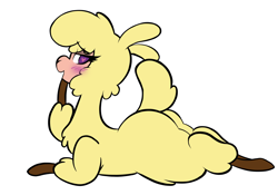 Size: 2388x1668 | Tagged: safe, artist:steelsoul, paprika (tfh), alpaca, them's fightin' herds, blushing, butt, cloven hooves, community related, female, heart, heart eyes, looking at you, lying down, papributt, plot, simple background, solo, white background, wingding eyes