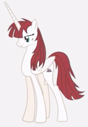 Size: 423x612 | Tagged: safe, oc, oc only, oc:fausticorn, alicorn, pony, blurry, concave belly, female, folded wings, frown, horn, lauren faust, lauren faust is not amused, long horn, long legs, mare, simple background, slender, solo, tall, thin, unamused, white background, wings, youtube link