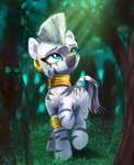 Size: 2257x2783 | Tagged: safe, artist:xbi, zecora, pony, zebra, 30 minute art challenge finished after, bracelet, crepuscular rays, cute, ear piercing, earring, female, forest, jewelry, mare, neck rings, piercing, raised hoof, solo, sunlight, zecorable