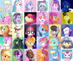 Size: 1024x854 | Tagged: safe, artist:exobass, apple bloom, apple cider (g4), applejack, bon bon, carrot top, cinder glow, daisy, derpy hooves, fiddlesticks, flitter, flower wishes, gaffer, gilda, golden harvest, izzy moonbow, lyra heartstrings, moondancer, octavia melody, pinkie pie, pipp petals, princess celestia, princess luna, queen chrysalis, rainbow dash, rarity, scootaloo, starlight glimmer, summer flare, sunny starscout, sweetie belle, sweetie drops, twilight sparkle, twinkleshine, zipp storm, changeling, changeling queen, earth pony, griffon, kirin, pegasus, pony, unicorn, g4, g5, apple cider, apple family member, blushing, cheek fluff, collage, cute, expressions, eyes closed, female, floating wings, food, looking up, meme, moon, muffin, open mouth, poker face, too many ponies, wall of tags, wings, x3