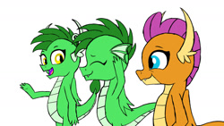 Size: 1280x720 | Tagged: safe, artist:gregory-the-griffon, smolder, oc, oc:emerald, oc:peridot, dragon, g4, dragon oc, dragoness, eyelashes, eyes closed, female, hands on head, non-pony oc, siblings, simple background, twins, white background