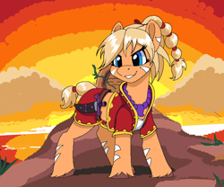 Size: 3600x3000 | Tagged: safe, alternate version, artist:brainiac, earth pony, pony, aseprite, chrono cross, clothes, crossover, dagger, female, high res, kid (chrono cross), mare, pixel art, ponified, solo, sunset, unshorn fetlocks, vest, weapon
