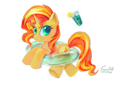 Size: 3508x2480 | Tagged: safe, sunset shimmer, pony, unicorn, drink, female, inflatable, simple background, solo, solo female, transparent background