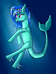 Size: 600x800 | Tagged: safe, artist:rose-blade, oc, oc only, merpony, pony, blue mane, bubble, crepuscular rays, ear fluff, female, fish tail, mare, ocean, open mouth, pink eyes, solo, tail, underwater, water
