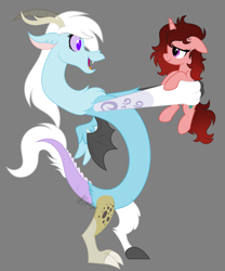 Size: 3000x3600 | Tagged: safe, artist:feather_bloom, oc, oc:feather_bloom, oc:paige scribble(kaitykat), draconequus, pony, unicorn, holding a pony, holding up, simple background, species swap