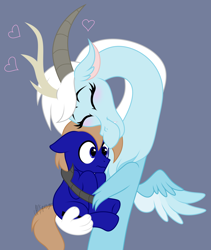 Size: 2274x2696 | Tagged: safe, artist:feather_bloom, oc, oc:blue_skies, oc:feather_bloom, draconequus, earth pony, pony, blushing, couple, heart, hug, nervous, species swap