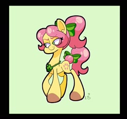 Size: 2000x1867 | Tagged: safe, artist:galaxydream22, posey bloom, earth pony, pony, g5, bow, female, green background, hair bow, jewelry, mare, necklace, passepartout, ponytail, simple background, smiling, solo, tail, tail bow