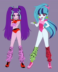 Size: 3293x4096 | Tagged: safe, artist:rileyav, aria blaze, sonata dusk, equestria girls, arm warmers, clothes, cosplay, costume, crossed arms, crossover, duo, eye clipping through hair, female, fingerless gloves, five nights at freddy's, five nights at freddy's: security breach, glamrock chica, gloves, hand on hip, high res, hot pants, leg warmers, leotard, looking at you, midriff, open mouth, open smile, purple background, roxanne wolf, shoes, shoulder pads, simple background, smiling, smiling at you, sneakers, tongue out