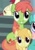 Size: 137x195 | Tagged: source needed, safe, screencap, bubblemint, roseluck, toffee swirl, earth pony, pegasus, pony, g4, my little pony: friendship is magic, newbie dash, alternate hairstyle, cropped, female, green coat, mare, missing accessory, purple eyes, unnamed character, unnamed pony, you had one job