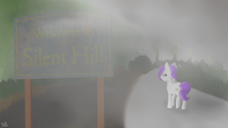 Size: 4000x2252 | Tagged: safe, artist:tempestdk, oc, oc only, oc:puff smarts, earth pony, pony, colt, foal, fog, male, road, scenery, sign, silent hill, solo, street