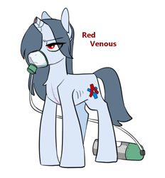 Size: 682x734 | Tagged: safe, artist:redxbacon, oc, oc only, oc:red venous, pony, unicorn, blind, broken horn, cannula, hair over one eye, horn, oxygen mask, oxygen tank, red eyes, ribs, scar, solo, standing, surgery scar, unicorn oc