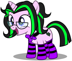 Size: 3330x2830 | Tagged: safe, artist:strategypony, oc, oc only, oc:electric kisses, pony, unicorn, bowtie, clothes, cute, female, filly, foal, glasses, high res, horn, ocbetes, open mouth, open smile, shadow, simple background, smiling, socks, solo, striped mane, striped socks, transparent background, unicorn oc
