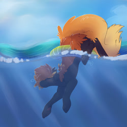 Size: 1280x1280 | Tagged: safe, artist:naughtyawoo, oc, oc only, earth pony, pony, cloud, crepuscular rays, eyes closed, male, ocean, orange mane, signature, sky, smiling, solo, stallion, sunlight, swimming, underwater, water