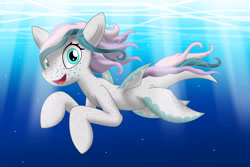Size: 2998x2001 | Tagged: safe, artist:discorsaurus, oc, oc only, hybrid, merpony, original species, seapony (g4), shark, shark pony, blue eyes, bubble, dorsal fin, female, fins, flowing mane, freckles, looking at you, mare, ocean, open mouth, open smile, request, smiling, solo, swimming, underwater, water
