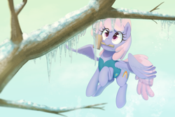 Size: 5400x3600 | Tagged: safe, artist:thebatfang, rainbowshine, pegasus, pony, art pack:winter wrap pack, winter wrap up, clothes, cute, eye clipping through hair, female, flying, hammer, ice, icicle, mallet, mare, mouth hold, raised hoof, sky, smiling, solo, spread wings, tree, vest, wings