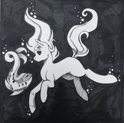 Size: 750x744 | Tagged: safe, artist:amberlight101, oc, oc only, earth pony, fish, pony, black and white, black background, bubble, fish tail, flowing mane, flowing tail, grayscale, ink drawing, looking at each other, looking at someone, monochrome, ocean, simple background, solo, swimming, tail, traditional art, underwater, water